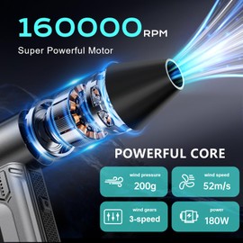 OMIICE Compressed Air Duster 160000RPM, Electric Air Duster with 3 Gears Adjustable, Powerful Cordless Dust Cleaner with Rechargeable 10000mAh Battery for Keyboard/PC/Car/Outdoor/Air Bed with Brush