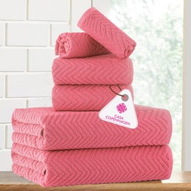 CASA COPENHAGEN Wave Textured 6 Pieces Towel Set- Pink, 550 GSM 2 Bath Towel 2 Hand Towel 2 Washcloth, Rough & Tough Use Cotton Towels Gift Set for Bathroom