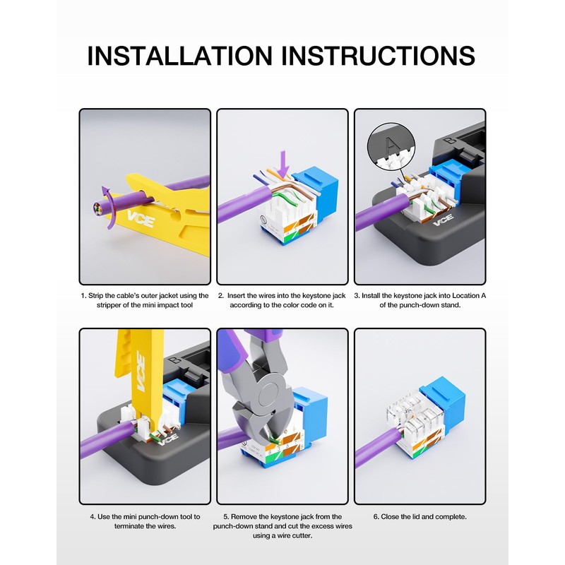 VCE 50 Pack Cat6 RJ45 Keystone Jack Insert UL-Listed, 90