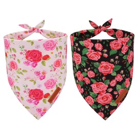 ADOGGYGO Floral Dog Bandana 2 Pack, Reversible Red Pink Rose Puppy Scarf Bib, Adjustable Fit Cute Floral Bandanas for Small Dogs Pets (Small)