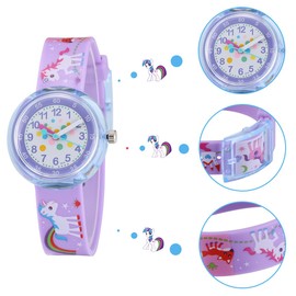 Jewtme Cute Toddler Children Kids Watches Ages 3-8 Analog Time Teacher 3D Silicone Band Cartoon Watch for Little Girls Boys (Purple)