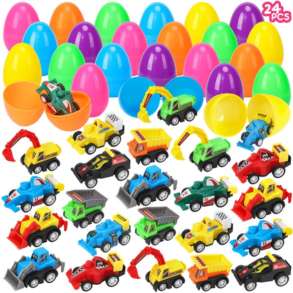 Easter Eggs with Toy Cars, 12 Pcs Prefilled Easter Eggs with Pull Back Construction Vehicle, Kids Easter Basket Stuffers, Easter Egg Fillers, Easter Party Favors, Easter Eggs Hunt Goodie Bags Fillers