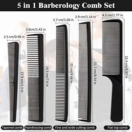 Peine de corte de pelo de 5 piezas, peine de peluquería de dientes finos, juego de peine de carbono antiestático, resistente al calor, peine cónico pa