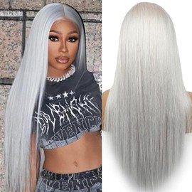ELISHEVA Grey Lace Front Wigs Human Hair 20 Inch 13x4 Silver Grey Wig Human Hair 200% Density Silver Grey HD Straight Lace Front Wigs Colored Grey Human Hair Wig