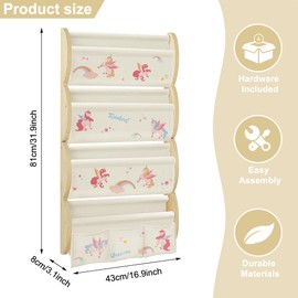 wooshwa Wooden Wall Mounted Bookshelf for Kids Rooms, 4 Tier Floating Nursery Book Shelf, Kids Bookshelf with 2 Pockets, Toddler Sling Book Rack with Deep Sleeves (Unicorn)