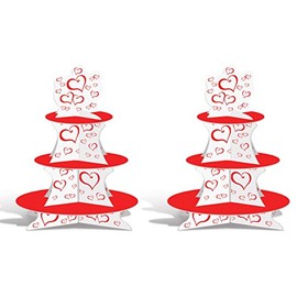 Beistle Valentine Cupcake Stands, 2 Count, 3-Tier Heart-Themed Dessert Sweet Treat Display for V-Day, Weddings, Engagements and Romantic Love Celebrations, 16”