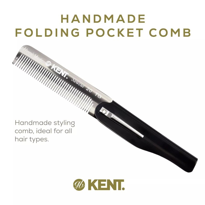 Kent 20T Handmade Folding Pocket Comb for Men, Fine Tooth