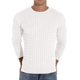 Hisir Men's Winter Cable Knit Jumpers Casual Crew Neck Warm Long Sleeve Pullover Sweater Tops for Men (White, L)