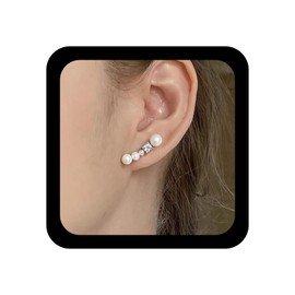 Inilbran Boho Crystal Pearl Ear Climber Earrings Silver Rhinestone Pearl Studs Earrings Vintage Pearl Cz Climber Earrings Sparkly Cz Pearl Crawlers Earrings Jewelry for Women and Girls