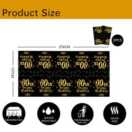60th Birthday Table Decoration,2pcs Black Gold 60th Table Cloth,Happy 60th Birthday Tablecloth for Men Women ,137*274cm Plastic Tablecloths Table Cover 60th Birthday Decorations for Him Her