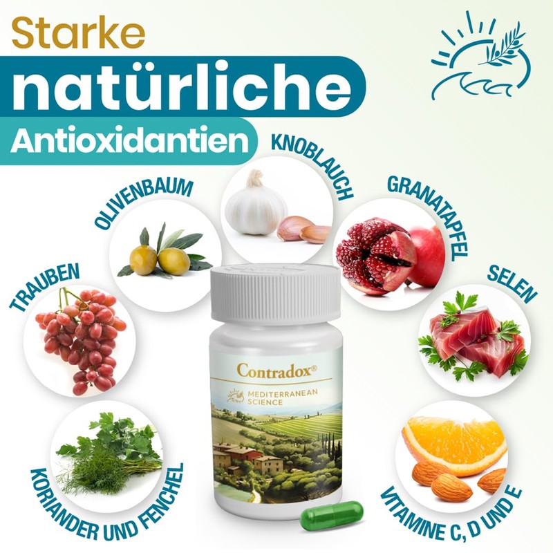 Antioxidants with extracts: pomegranate, grape, olive, garlic, vitamins C, D,