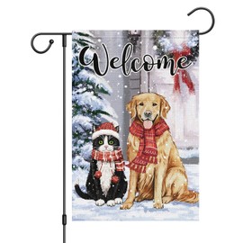 Louise Maelys Welcome Winter Garden Flag 12x18 Double Sided, Burlap Small Snow Golden Retriever Dog Tuxedo Cat Garden Yard House Flags for Winter Outside Outdoor Decoration (ONLY FLAG)