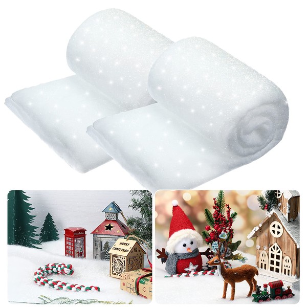 Skylety Christmas Snow Blanket Set, Glitter Artificial Snow Blanket, Fake Indoor Snow Blanket, Winter Wonderland False Snow Blanket for Background, Party Decor (2 Sets, 1.3 x 9.8 Feet)