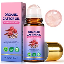 Organic Castor Oil Rose Quartz Roller Ball, 100% Pure Cold-Pressed Castor Oil with Roller, Massage for Belly, Face, Under Eyes, Body Skin and Hair 2fl.oz
