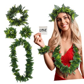 AOKWAWALIY Hawaiian 4pcs in 1 Party Artificial Leaves Garland Tropical Flower Green Hawaiian Headband Necklace Bracelet Fancy Decorations for Simulate Beach Luau Party