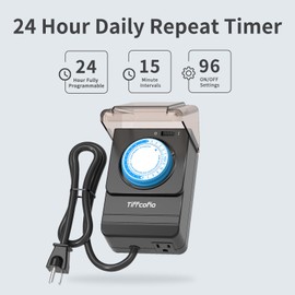TiFFCOFiO Outdoor Timer Outlet Waterproof, 24 Hour Mechanical Light Timer Outdoor, 2 Grounded Outlets for Home and Garden, 15A 1/2HP, Heavy Duty, ETL Listed (15 Min Interval)