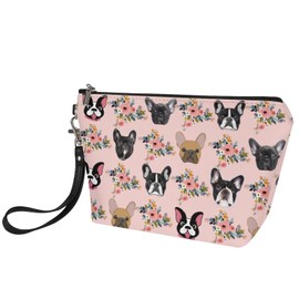 Mumeson Boston Bulldog and Flower Print Women Leather Trapezoid Toiletry Bag,Pink