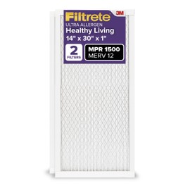 Filtrete 14x30x1 AC Furnace Air Filter, MERV 12, MPR 1500, CERTIFIED asthma & allergy friendly, 3 Month Pleated 1-Inch Electrostatic Air Cleaning Filter, 2-Pack (Actual Size 13.81x29.81x0.78 in)