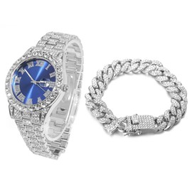 Halukakah Diamonds Gold Watch Iced Out,Men's Platinum White Gold Plated 42MM Width Blue Dial Quartz Wristband 9.5" with Cuban Link Chain 8" Bracelet Set,Free Giftbox