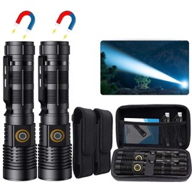 Rechargeable Magnetic Flashlight High Lumens - 1500 Meters Long Beam Super Bright LED Tactical Flashlight with Holster USB Zoomable 5Modes Small Long Beam Spotlight Flashlight for Camping