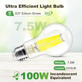 DiCUNO Edison LED Bulb E27, Classic Ultra Efficient Bulb, A Label, 7.5 W, Replacement for 100 W Bulb, Warm White 2700 K, 1575 lm, 360°, Clear, Energy Efficiency Class A, A60 LED Bulb, Pack of 2