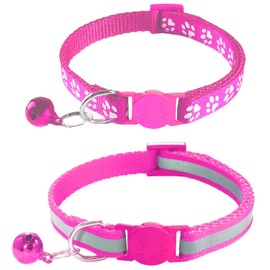 2 Pack Breakaway Cat Collars with Bells, Reflective Design and Claw Print Design, Safety Buckle, Adjustable 7.5-12.5 Inches for Kittens & Cats (Rose)