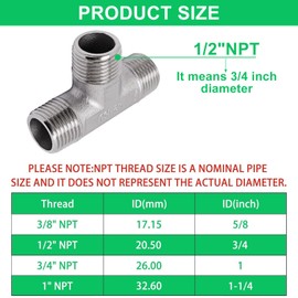SWZHAI 2PCS Tee Pipe Fittings 1/2" x 1/2" x 1/2" NPT Male Thread Adapter 304 Stainless Steel T-Shaped 3 Way Tube Fittings
