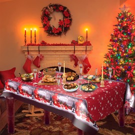 Aitsite Christmas Table Cloth, Washable Rectangle Tablecloth, Red Xmas Table Cover Christmas Table Decoration Outdoor Party Kitchen Dinner Room Seats 6-8 People (71 * 59inch)
