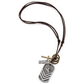 COOLSTEELANDBEYOND Men's Dog Tag Pendant Necklace with Star and Stripes, Rough Surface, Adjustable Leather Cord, Metal, No Gemstone