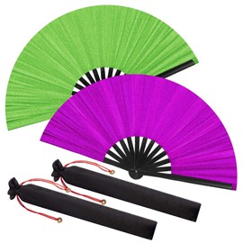 Maitys Large Clap Fans for Line Dancing Large Chinese Folding Hand Fans for Men and Women, Festival, Tai Ji, Kungfu, Martial Art, Gifts(Glitter Purple and Green,2 Packs)