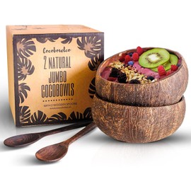 COCOBOWLCO Coconut Bowl Set with Wooden Spoons – Eco-Friendly Acai Bowls, Yogurt Bowls & Smoothie Bowl – Ideal for Ninja Creami & Healthy Breakfasts (2, Natural)