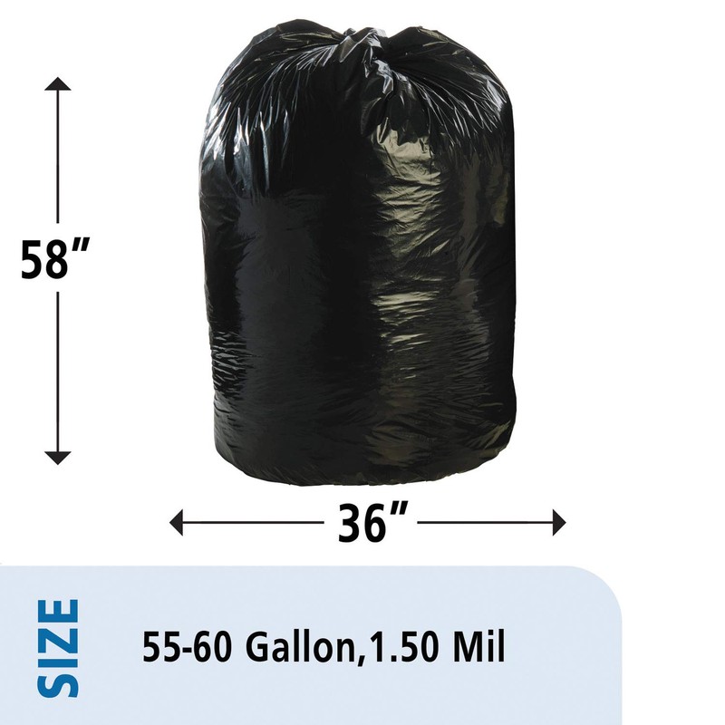 Stout T3658B15 100% Recycled Plastic Garbage Bags 60gal 1.5mil 36