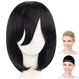 CaseEden 6069 Premium Cosplay Wig, Smooth, Medium, Short, 15.7 inches (40 cm), Black, Black Hair
