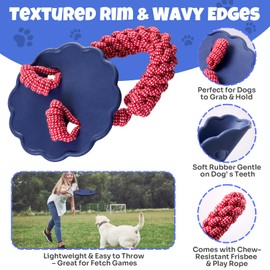 Wagorific Dog Flying Disc with Durable Tug of War Rope for Medium/Large Aggressive Chewers Dog Natural Rubber Interactive Fetch Frisbee Toys Blue and Red Vine1
