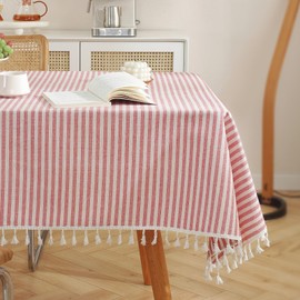 meioro Table Cloth Red White Striped Tablecloth Tassels Cotton Linen Dust-Proof Table Cover for Dining Coffee Buffet Kitchen Picnic Tables, Parties Holiday Tablecloths (39x55 Inch)