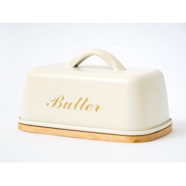 Plexon Metal Butter Dish with Lid and Handle, Covered Butter Dish Airtight, Cute Counter Butter Keeper, Galvanized Steel Butter Counter Holder, Bamboo Butter Tray with Lid, Off-White