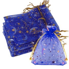 100 Pieces Moon Star Organza Jewelry Candy Bags, 2.7x3.5 Inch Sheer Royal Blue Organza Pouch Small Gift Bags with Drawstring for Christmas Party Favors Wedding Valentine's Day Stocking Stuffers