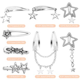 10PCS Silver Hair Clips for Women,Y2K Star Hair Clips Metal Barrettes 8 Shapes Punk Hair Snap Pentagram Hair Clips Silver Clips for Girls Women