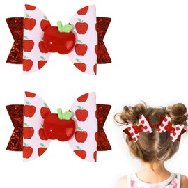 2PCS Glitter Back To School Bow Hair Clips Cute Apple Hairpin Headdress 3.5in Sparkly Cheer Bow Barrettes Alligator Barrettes First Day School Accessories Gift for Girls Student Teacher