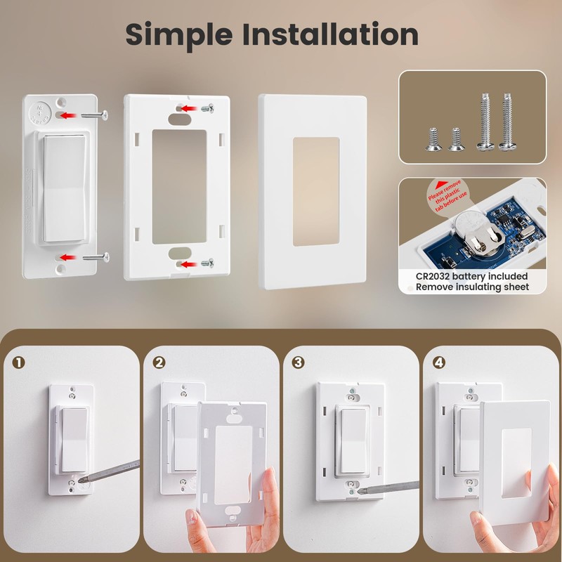 SURAIELEC Wireless Light Switch and Receiver Kit - No Neutral