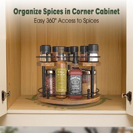 Isamant 2 Tier Lazy Susan Organizer，Adjustable Spinning Spice Rack Storage for Cabinet Kitchen Countertop，12 Inch Rotating Turntable Dining Table Rustic Brown