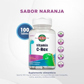 Kal Vitamin Rex Vitamina Niños 100 Tabletas Masticables Glucosa Endulzado Saborizado Naranja Natural