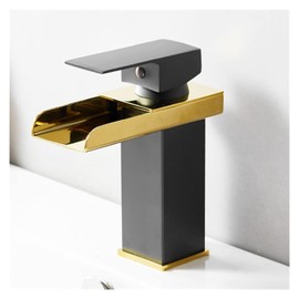 Waterfall Basin Faucet Bathroom Deck Mounted Black Gold Sink Tap Cold and Hot Water Mixer Tap Brass Vanity Vessel Sink Faucets (Color : Short Black)
