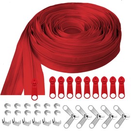 Hilitchi 81Pcs Red #5 Nylon Zipper Tape Set Includes10 Yard Nylon Coil Zippers Slider, Double-Side Zipper, Metal Zipper, Zipper Bottom Top Stops, Zipper Repair Kit for DIY Sewing Crafts