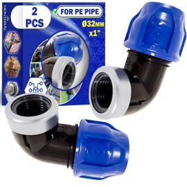 2 Pieces Elbow Adapter Ø 32 mm x 1″ with Angle 90° and Female Thread Reinforced with Galvanised Steel Ring Made of Polypropylene PP for Connecting Polyethylene PE Pipes - MONTERAL