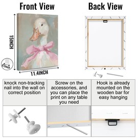Cute Duck Canvas Wall Art, Cute Duck with Pink Bow Framed Art Paintings Wall Decor Aesthetic Gifts And Animal Lover Prints Picture for Living Room Dining Room Girls Bedroom Farmhouse Decor 11.5x15In
