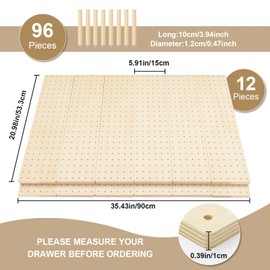 Kigley 12 Pcs Pegboard Drawer Organizer with 96 Pcs Drawer Peg Wood Peg Board Wooden Kitchen Drawer Plate Organizer Peg Drawer Organizers for Dishes for Food Containers Cookware Utensils (Wood Color)