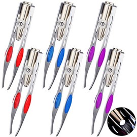 6 pinzas de luz de acero inoxidable con luz LED, pinzas iluminadas para depilación de precisión para hombres y mujeres (rojo, morado, azul oscuro)