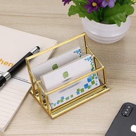 Hipiwe 2 Slots Glass Business Card Holder Stand - Gold Metal Frame Name Card Display Stand Business Name Card Organizer for Office Tabletop,Fits 80-100 Business Cards