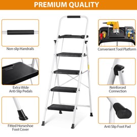F2C Heavy Duty 4-Step Folding Ladder with Tool Platform – Sturdy, Space-Saving, Non-Slip Design, 330 lbs Load Capacity for Home, Kitchen, and Garage (White, 4-Steps)
